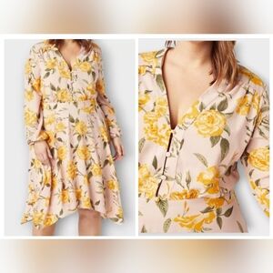 JustFab Pink and Yellow Asymmetrical Handkerchief Hem Long Sleeve‎ Dress Size 3X